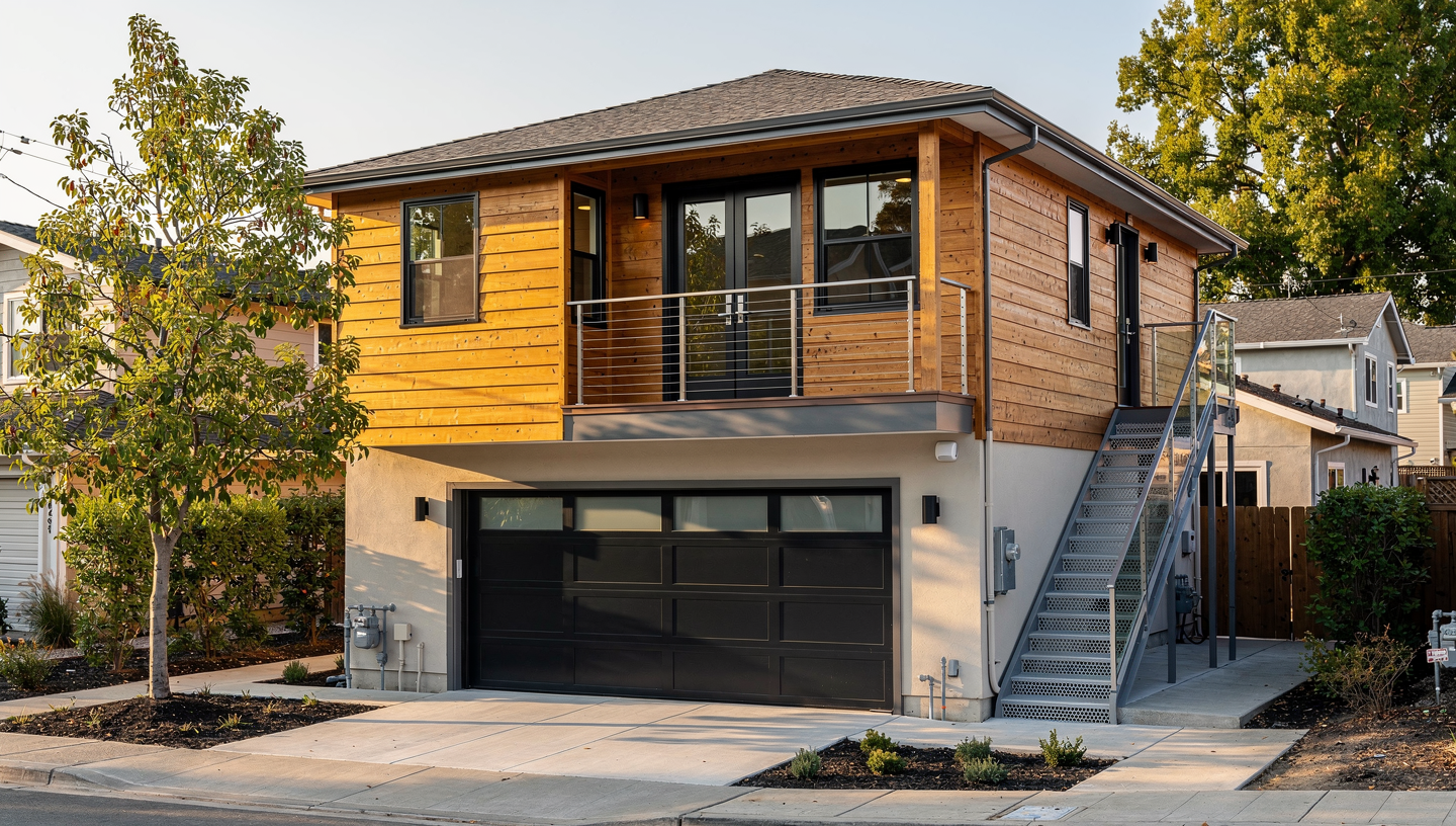 Modern ADU construction in Cupertino California with rift-cut white oak details and microcement walls