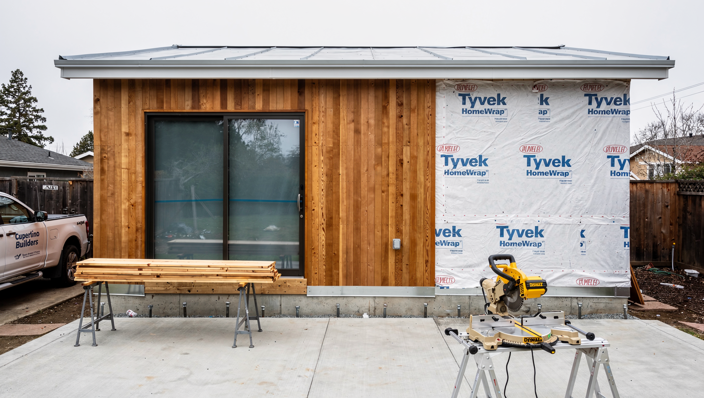 Modern detached ADU in Los Gatos backyard with financing documents and calculator showing California ADU loan options