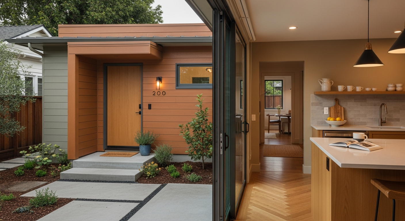 Modern detached ADU in a Los Gatos backyard generating rental income in the Bay Area with warm exterior cladding and landscaped entry