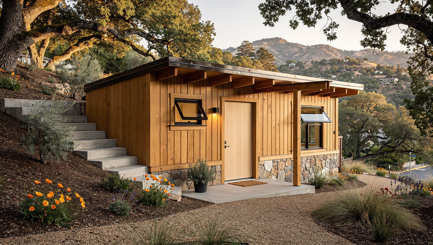 Modern ADU construction in Los Gatos showing contemporary design with rift-cut white oak siding and landscaping
