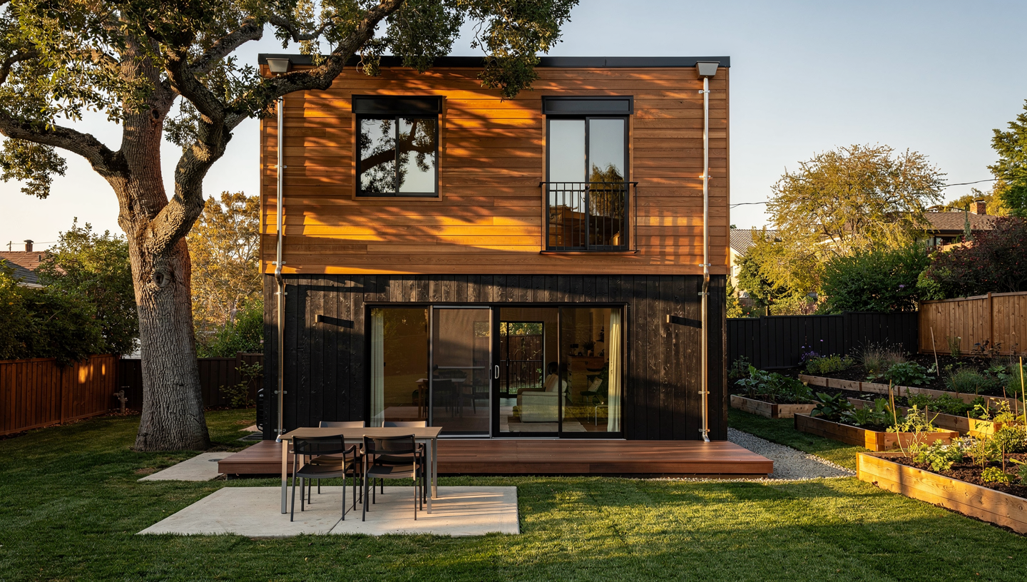 Modern ADU exterior showing maximum allowable size in California with rift-cut white oak siding and contemporary design