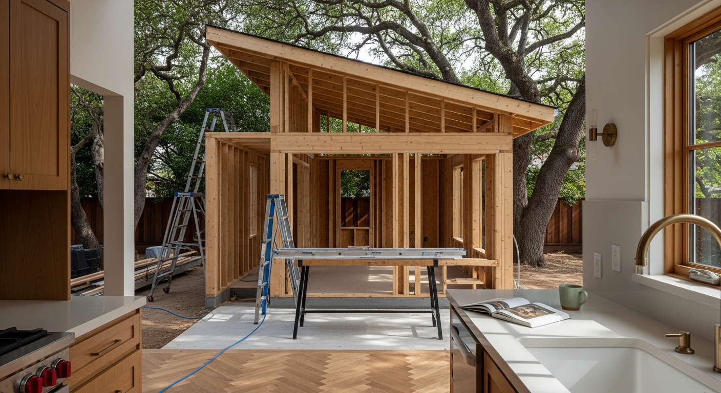 Modern detached ADU under construction in a Los Gatos backyard showing framing and roofline against mature oak trees — illustrating the ADU build timeline