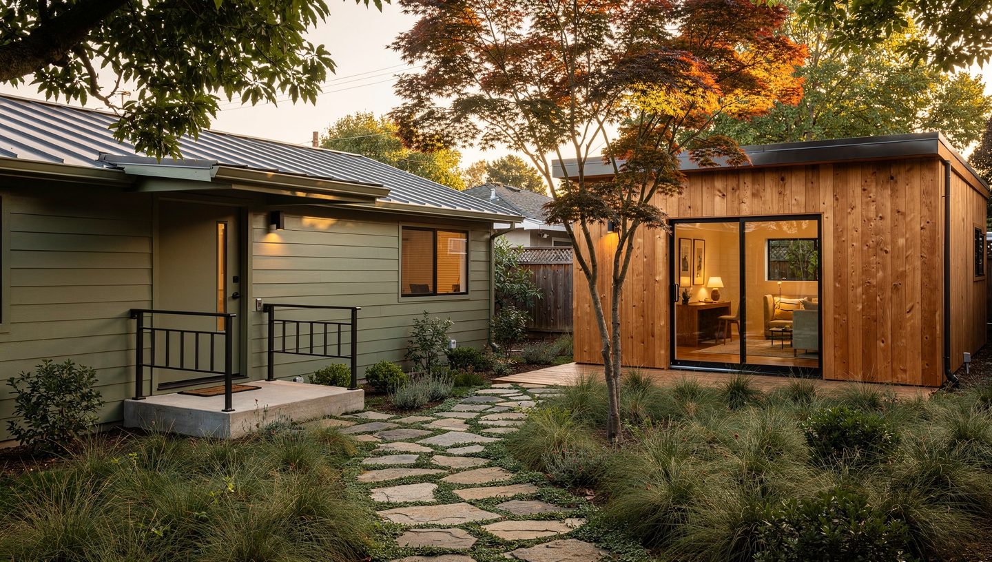 Side-by-side comparison of attached and detached ADU designs in a Bay Area backyard