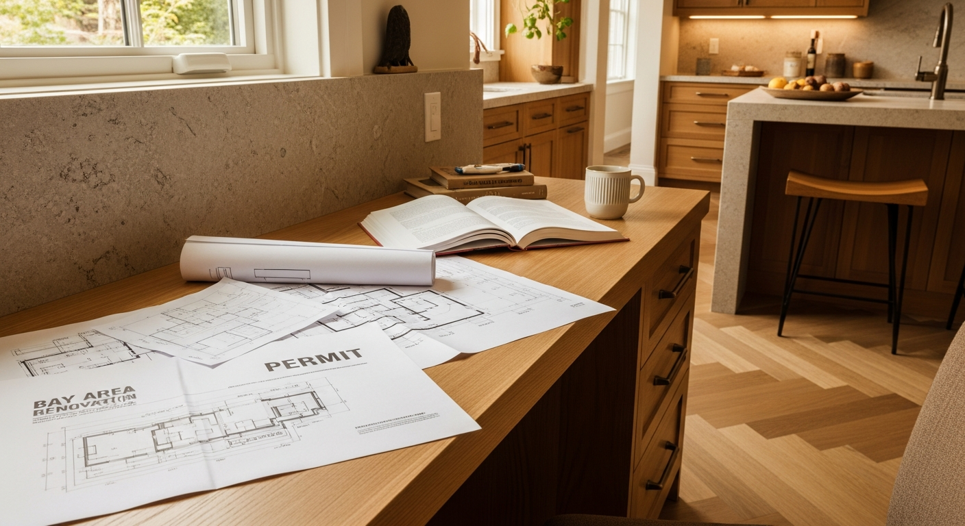 Home remodel permit documents and architectural plans on a desk for a Bay Area renovation project in Los Gatos California