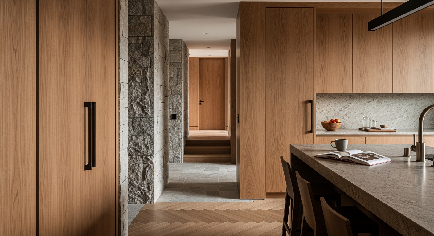 Custom home builder in Silicon Valley constructing a modern luxury residence with warm wood siding and natural stone exterior