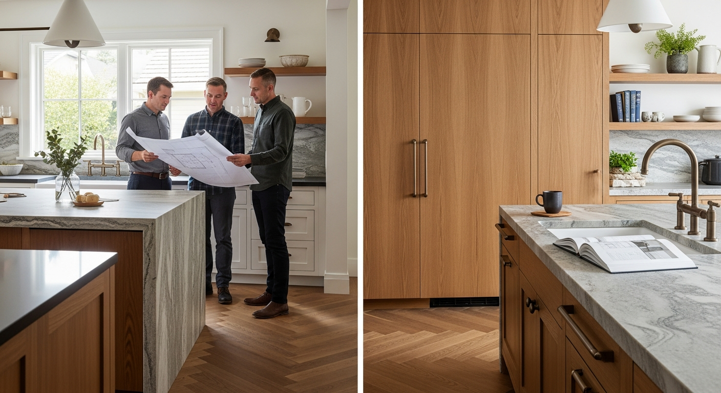 Design-build team reviewing architectural plans at a Bay Area home remodel site comparing design build vs architect and contractor approach