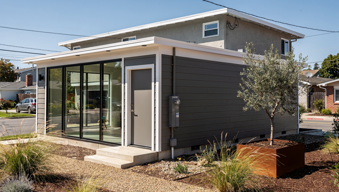 Modern garage conversion ADU with rift-cut white oak cabinetry and Dekton countertops in Los Gatos Bay Area