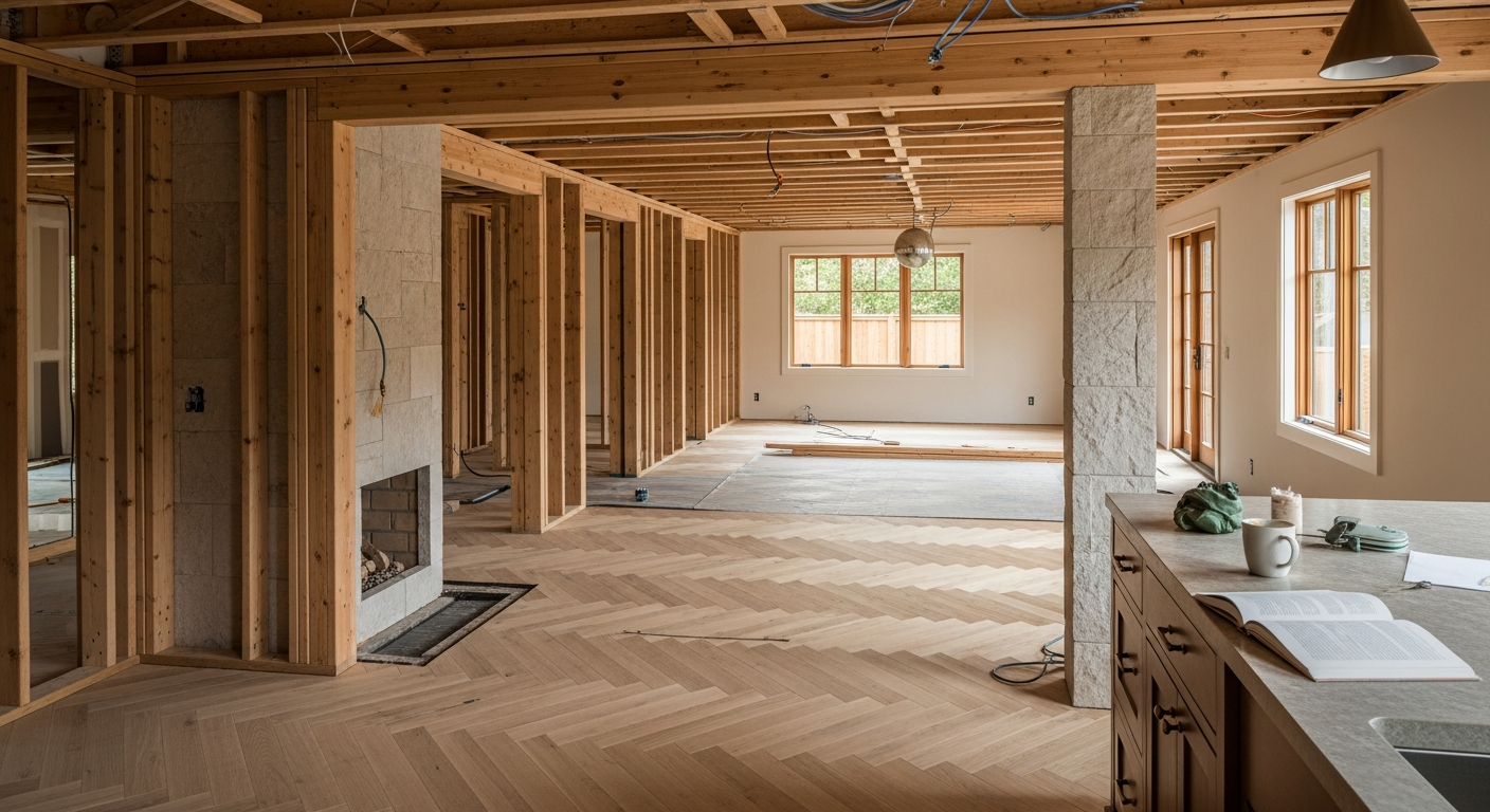 Whole house remodel in progress in Los Gatos showing open floor plan with new framing and rift-cut white oak floors being installed