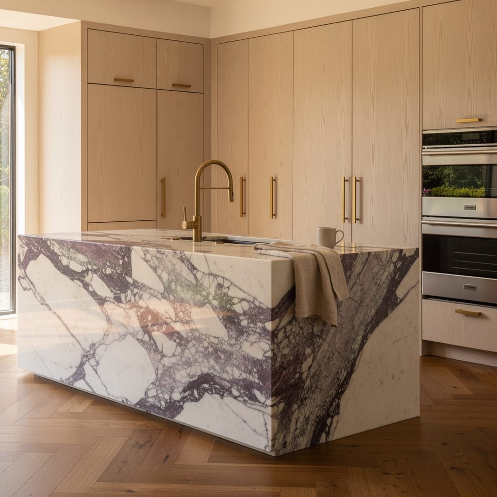Modern kitchen remodel in Los Gatos featuring rift-cut white oak cabinets, Calacatta Viola marble island, and unlacquered brass hardware — designed by Barcci Builders