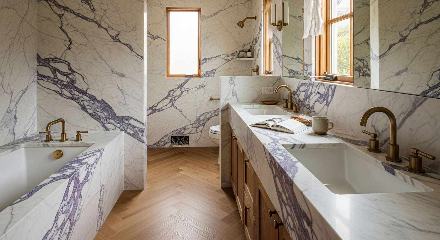 Luxury primary bathroom remodel in Los Gatos featuring Calacatta Viola marble and unlacquered brass fixtures — bathroom remodel cost Bay Area example