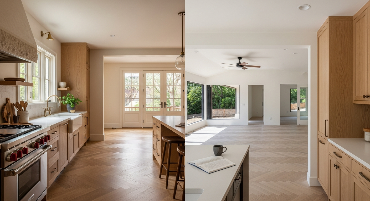 Split view showing a Bay Area home remodel renovation on one side and a tear-down rebuild new construction on the other in Los Gatos California