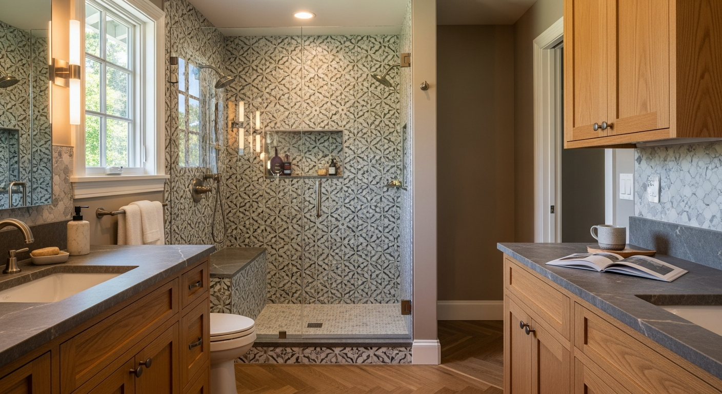 Modern walk-in shower with zellige tile walls and frameless glass enclosure in a Los Gatos bathroom remodel by Barcci Builders